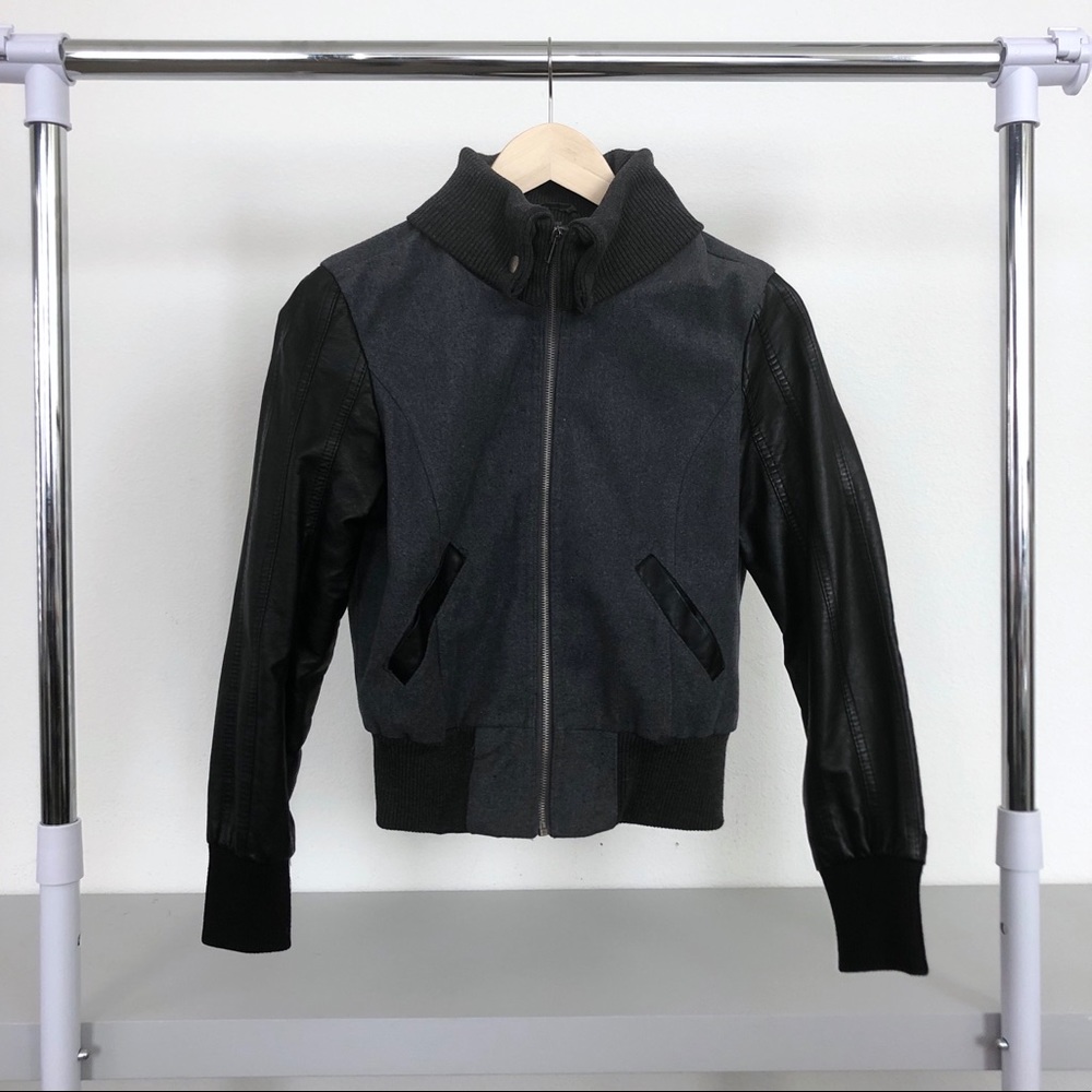 Black Grey Faux Leather Mixed Media Zip Jacket